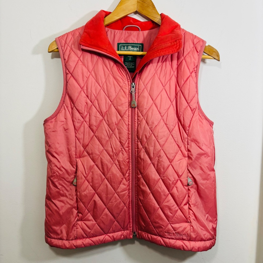 LL Bean Womens Quilted Fleece Lined Vest Coral Pink Diamond Stitch Small